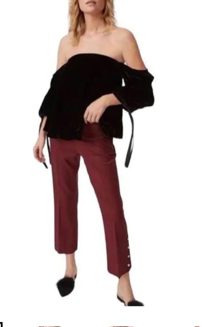 Club Monaco Black Velvet Liki Off the Shoulder Ruched Sleeve Swing Top 2